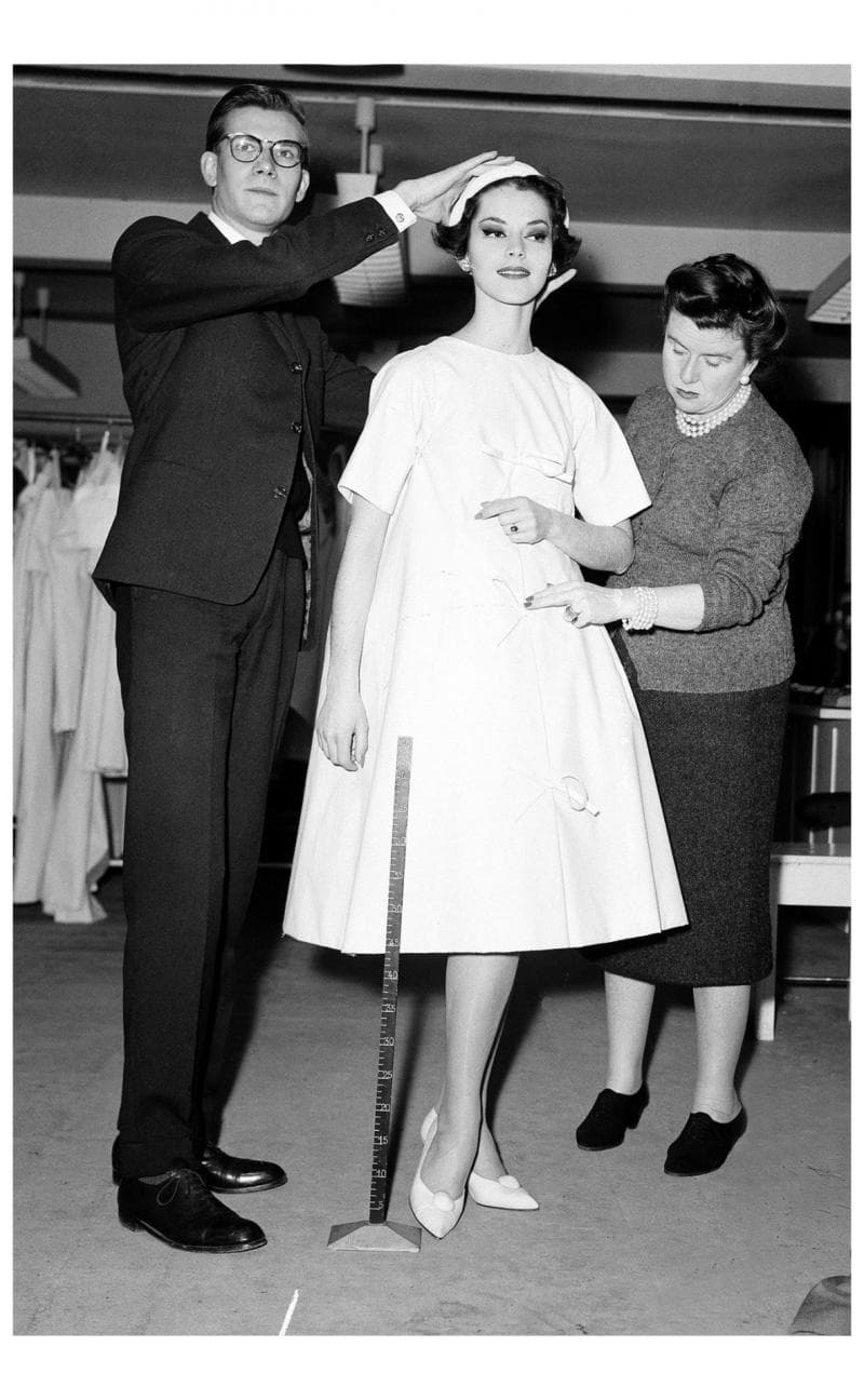 Yves Saint Laurent Adjusting a Trapeze Dress for Dior on Svetlana Lloya 1958